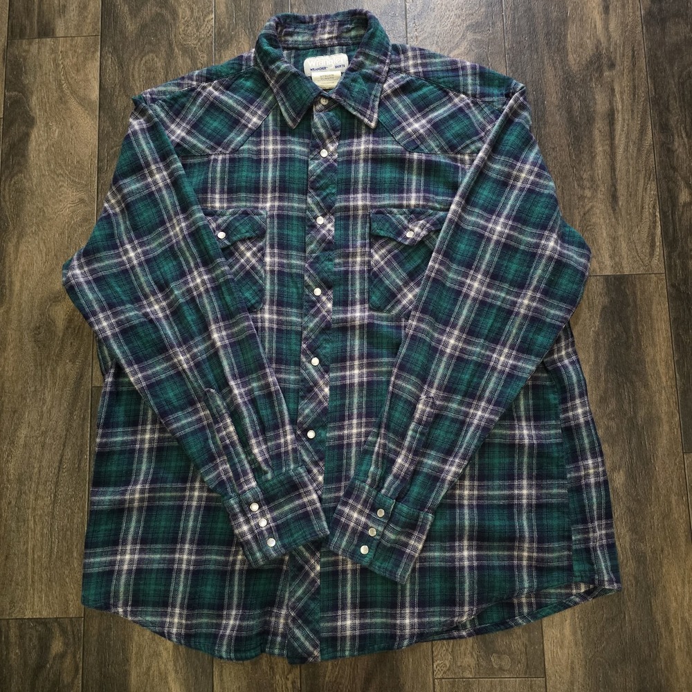 Wrangler Shirt Mens XL Green Plaid Western Pearl Snap‎ Wrancher Long Sleeve Men